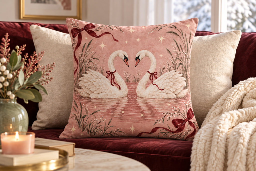 Christmas Swans & Bows Printed Velvet Pillow Cover, lifestyle view 3: Centered in front of plain pillows on a neatly made guest bed; eye-level composition, believable 18-inch pillow scale.