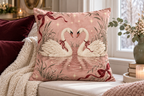 Christmas Swans & Bows Printed Velvet Pillow Cover, lifestyle view 4: Close editorial view on an indoor window bench, full pillow and all edges visible, gentle side light reveals the real textile texture.