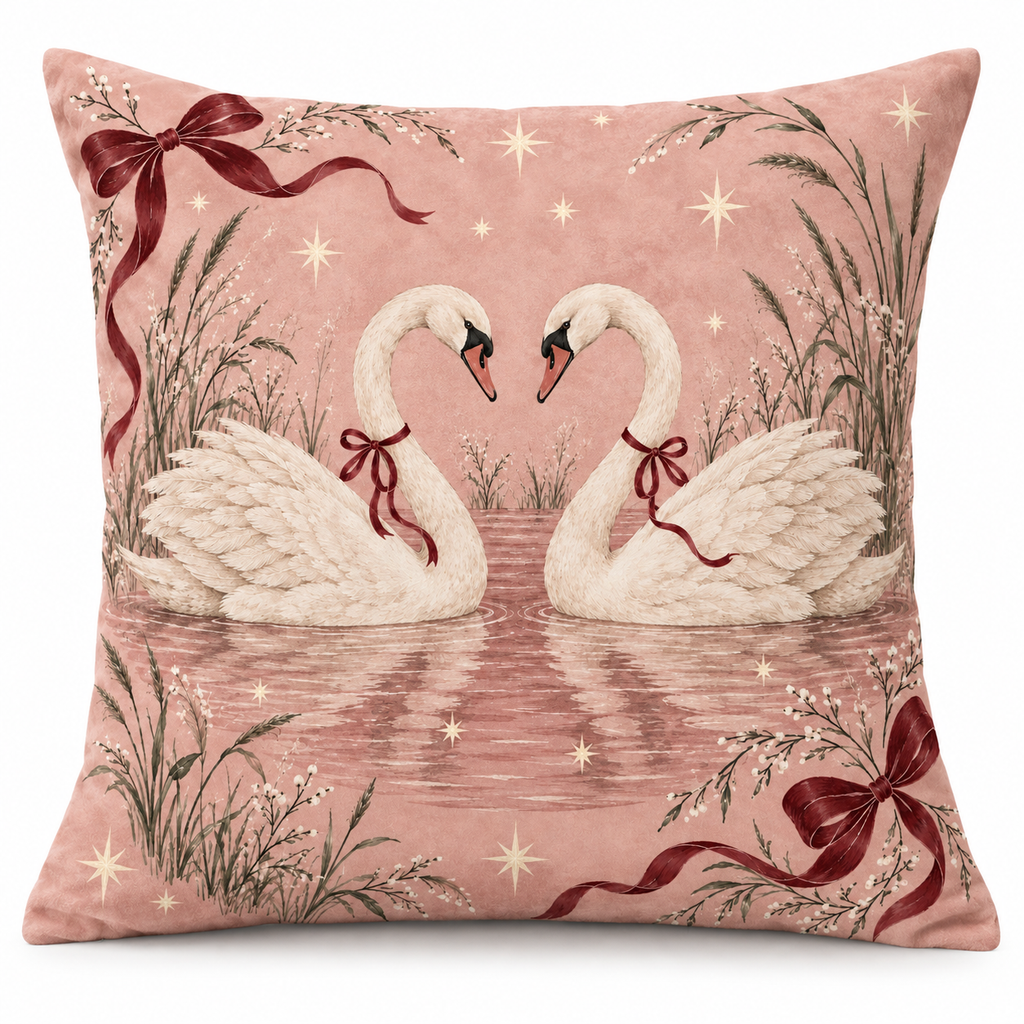Christmas Swans & Bows Printed Velvet Pillow Cover on a white background, showing the complete printed design.