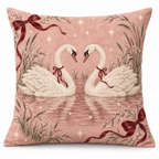 Christmas Swans & Bows Printed Velvet Pillow Cover on a white background, showing the complete printed design.