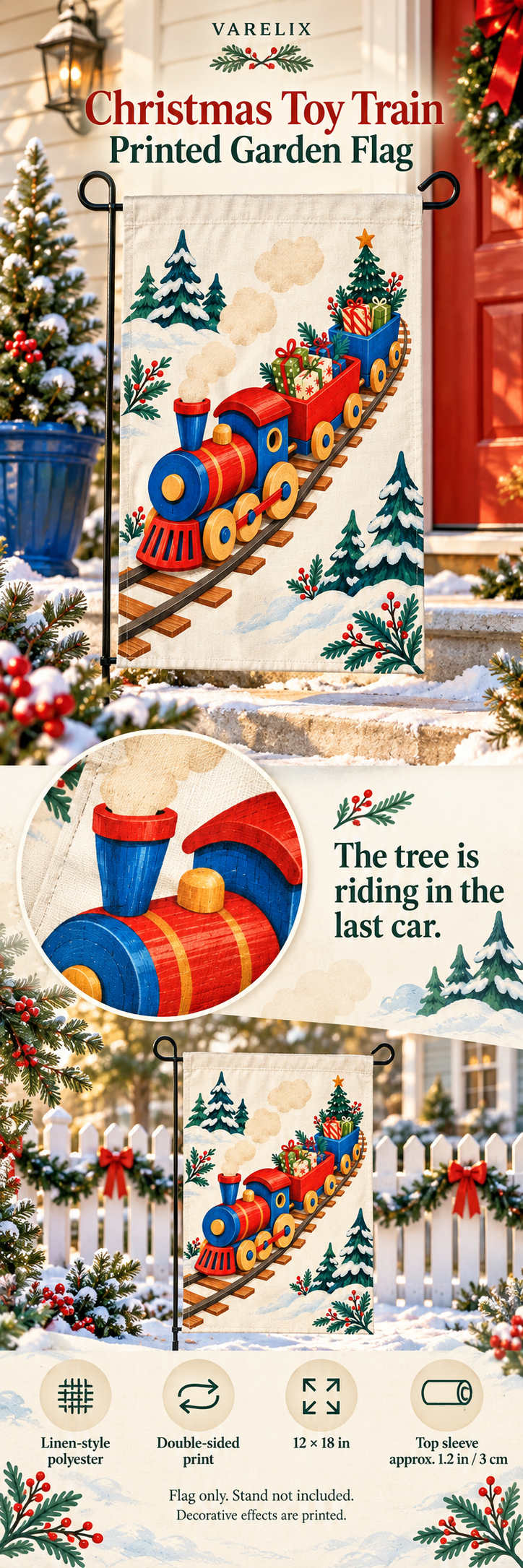 Christmas Toy Train Printed Garden Flag by VARELIX, A+ detail poster with verified material, sizes and included items.