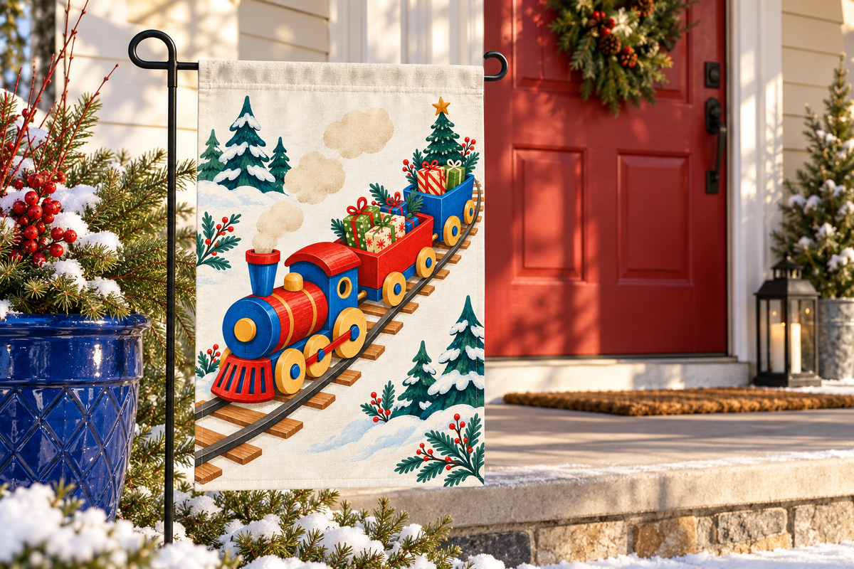 Christmas Toy Train Printed Garden Flag, lifestyle view 1: One flag on a simple separate black L-shaped garden stake beside a front porch planter, all of the flag readable, late-afternoon natural light.