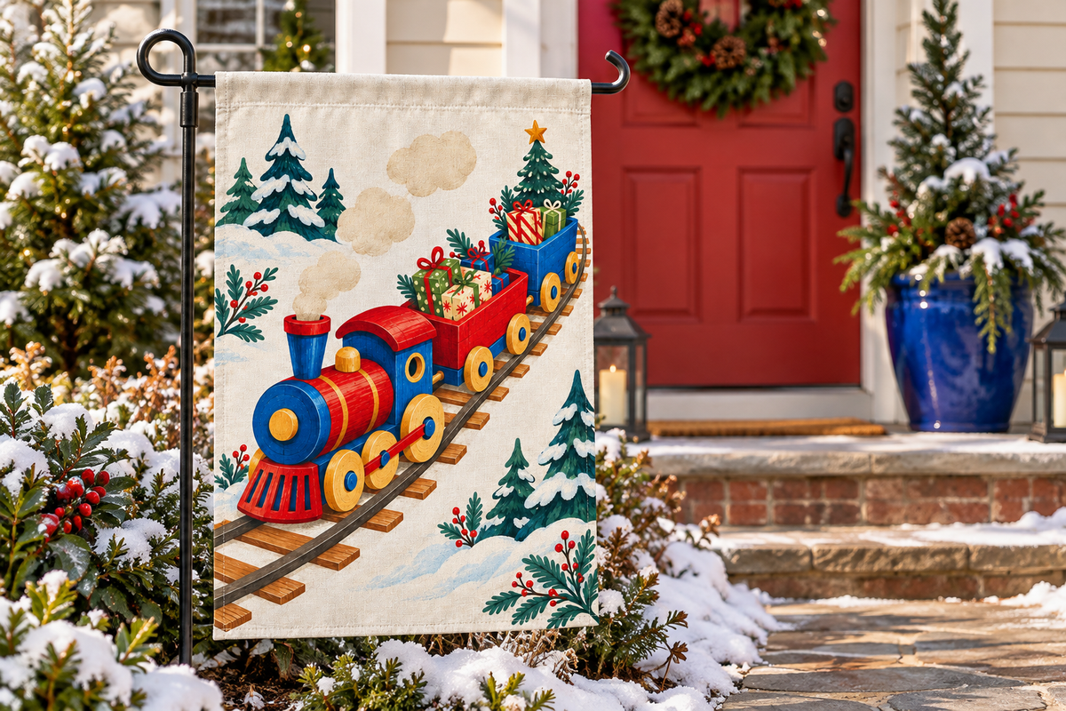 Christmas Toy Train Printed Garden Flag, lifestyle view 2: One flag on a separate black garden stake along a short garden path, lower garden view with planting behind; no people, full rectangle visible.