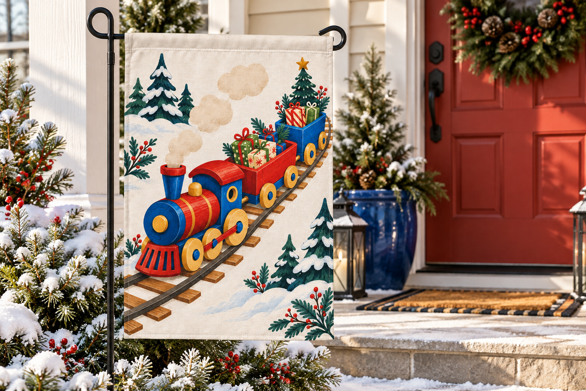 Christmas Toy Train Printed Garden Flag, lifestyle view 3: Closer view of the flag on its separate black L-shaped stake near a porch post, the real cloth top sleeve threading over the horizontal bar, print clearly readable.