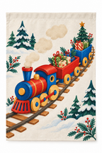 Christmas Toy Train Printed Garden Flag on a white background, showing the complete printed design.