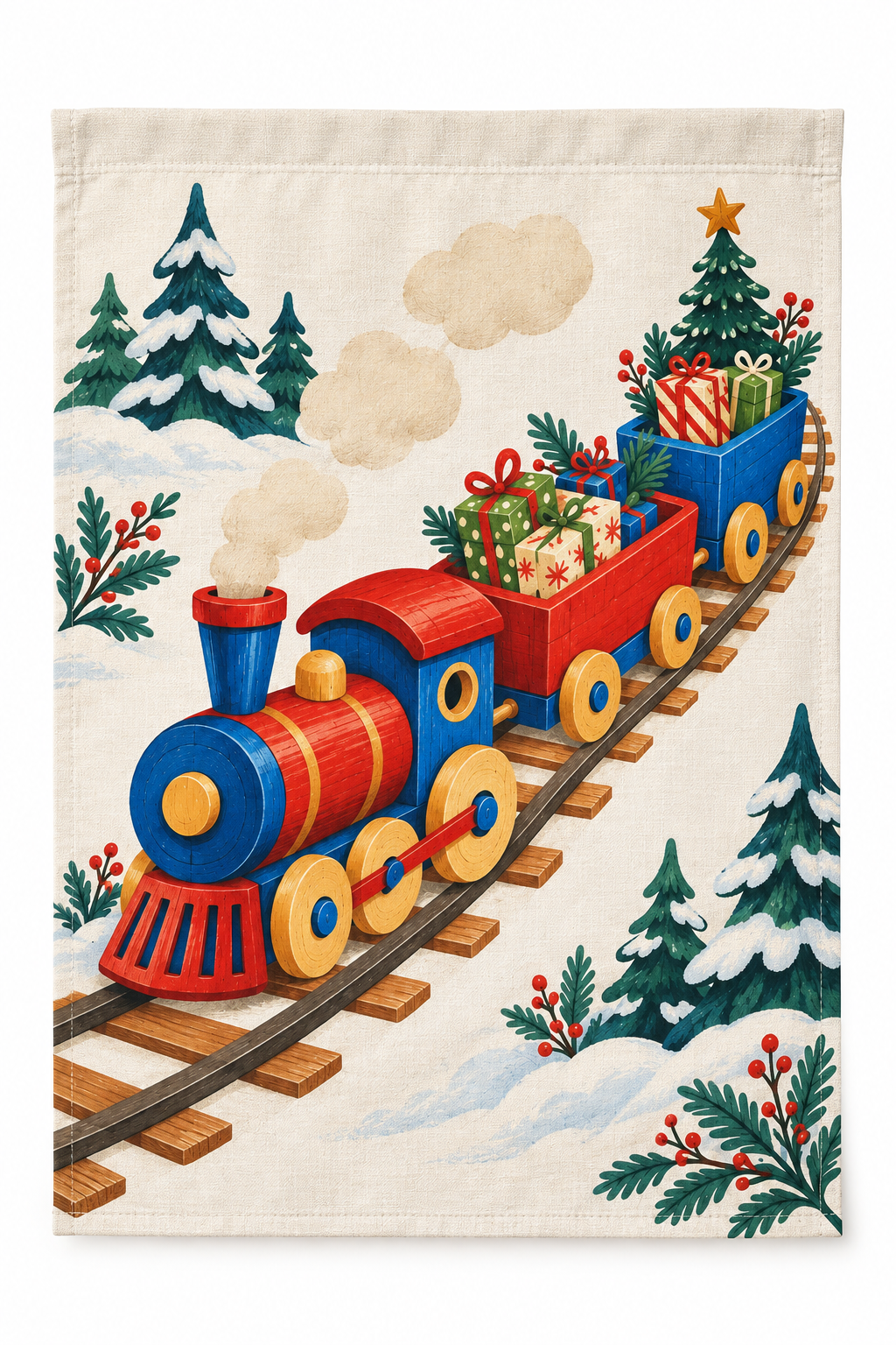 Christmas Toy Train Printed Garden Flag on a white background, showing the complete printed design.