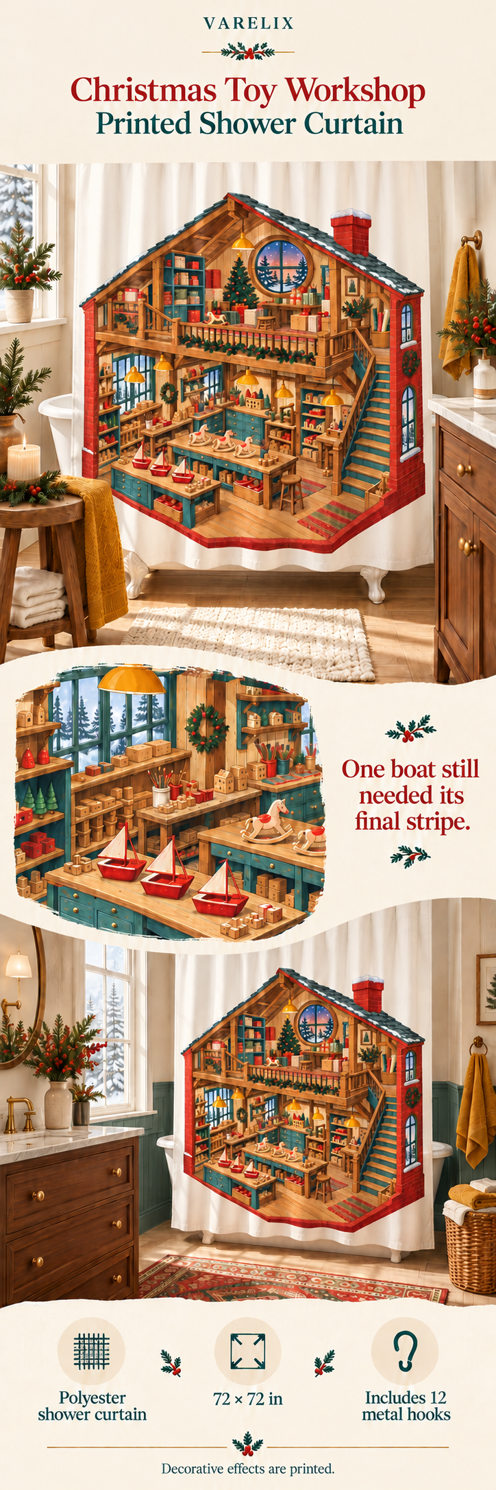 Christmas Toy Workshop Printed Shower Curtain by VARELIX, A+ detail poster with verified material, sizes and included items.