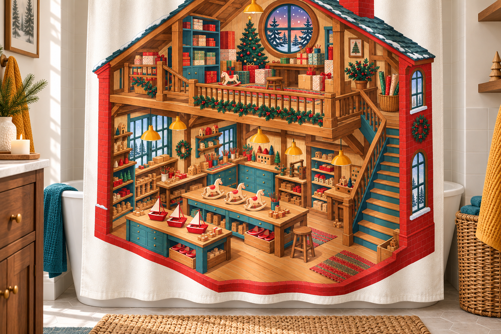 Christmas Toy Workshop Printed Shower Curtain, lifestyle view 1: Curtain fully drawn across a standard tub, nearly frontal view, entire square print readable, top rail and hooks cropped completely OUT OF FRAME; square print readable; no floor-length distortion.