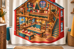 Christmas Toy Workshop Printed Shower Curtain, lifestyle view 1: Curtain fully drawn across a standard tub, nearly frontal view, entire square print readable, top rail and hooks cropped completely OUT OF FRAME; square print readable; no floor-length distortion.