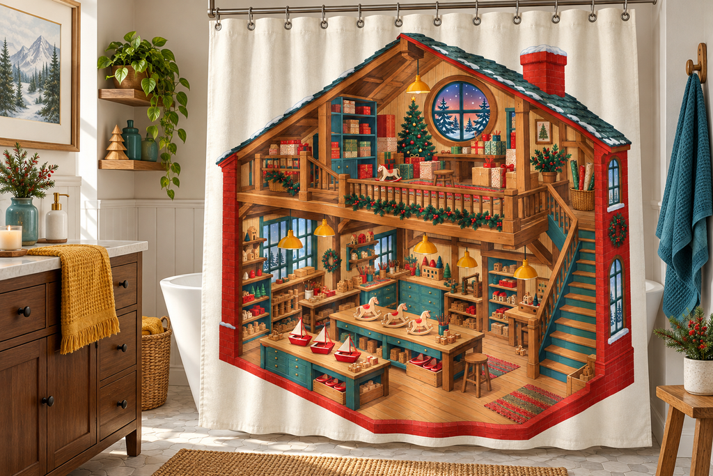 Christmas Toy Workshop Printed Shower Curtain, lifestyle view 2: Three-quarter view of a standard tub and square curtain, upper hardware cropped OUT OF FRAME, full printed motif visible with soft vertical folds, no window or fixture passing through cloth.