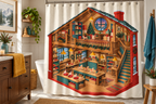 Christmas Toy Workshop Printed Shower Curtain, lifestyle view 2: Three-quarter view of a standard tub and square curtain, upper hardware cropped OUT OF FRAME, full printed motif visible with soft vertical folds, no window or fixture passing through cloth.