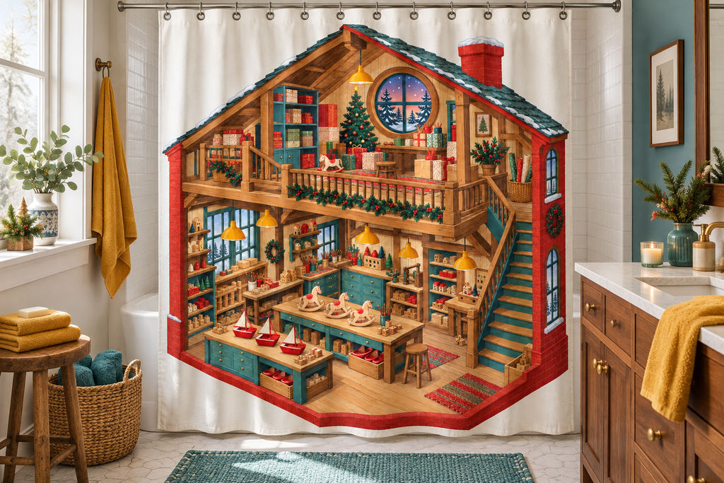 Christmas Toy Workshop Printed Shower Curtain, lifestyle view 3: A bright bathroom with square curtain as the dominant focal wall, medium-wide editorial view, top hardware deliberately cropped OUT OF FRAME, camera at natural eye level.