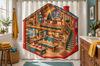 Christmas Toy Workshop Printed Shower Curtain, lifestyle view 3: A bright bathroom with square curtain as the dominant focal wall, medium-wide editorial view, top hardware deliberately cropped OUT OF FRAME, camera at natural eye level.