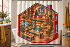 Christmas Toy Workshop Printed Shower Curtain, lifestyle view 4: Closer front-angle bathroom view focused on the full square printed curtain, restrained surroundings, realistic fabric folds without hiding the central design; top hardware cropped OUT OF FRAME.
