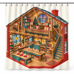 Christmas Toy Workshop Printed Shower Curtain on a white background, showing the complete printed design.
