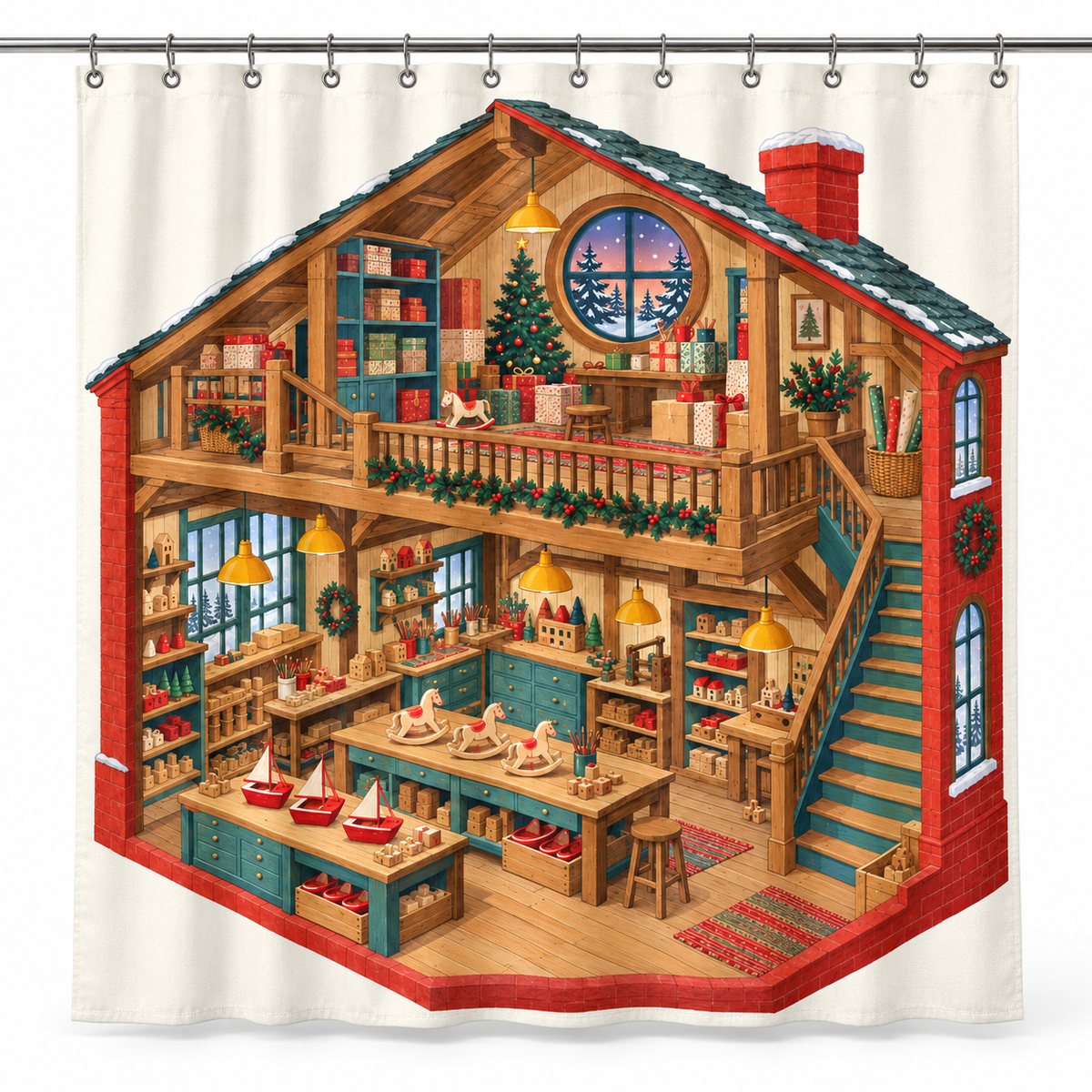 Christmas Toy Workshop Printed Shower Curtain on a white background, showing the complete printed design.