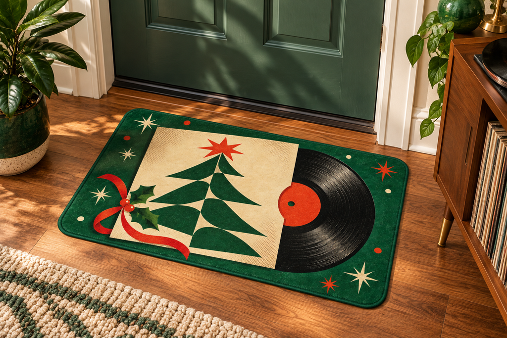 Christmas Vinyl Record Printed Floor Mat, lifestyle view 1: One mat laid flat INSIDE the front door, full landscape mat and all four rounded corners visible at small accent-mat scale, angled downward photography.