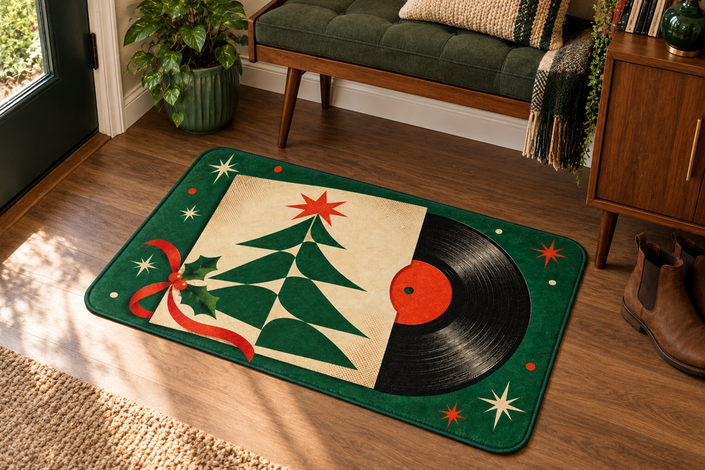 Christmas Vinyl Record Printed Floor Mat, lifestyle view 3: One mat in a tidy indoor mudroom beside a small bench, photographed slightly above with realistic 16 by 24 inch scale.