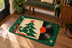 Christmas Vinyl Record Printed Floor Mat, lifestyle view 3: One mat in a tidy indoor mudroom beside a small bench, photographed slightly above with realistic 16 by 24 inch scale.