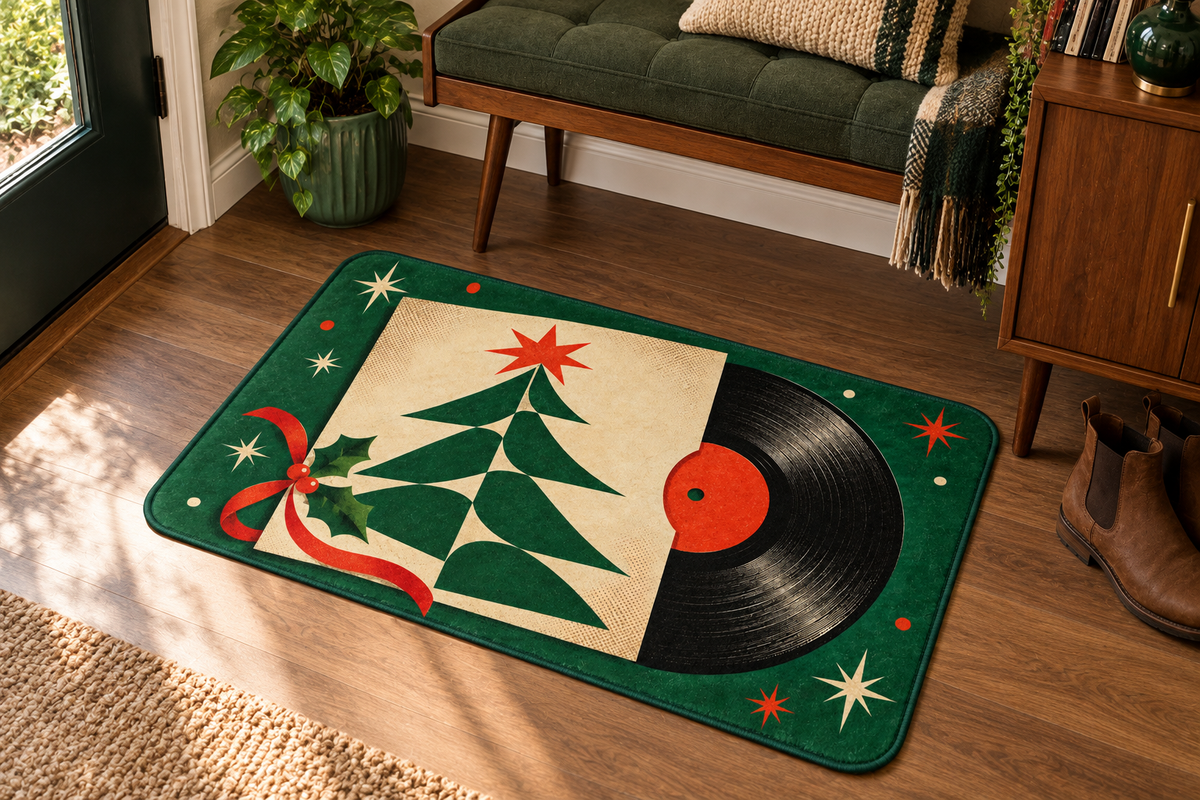 Christmas Vinyl Record Printed Floor Mat, lifestyle view 3: One mat in a tidy indoor mudroom beside a small bench, photographed slightly above with realistic 16 by 24 inch scale.