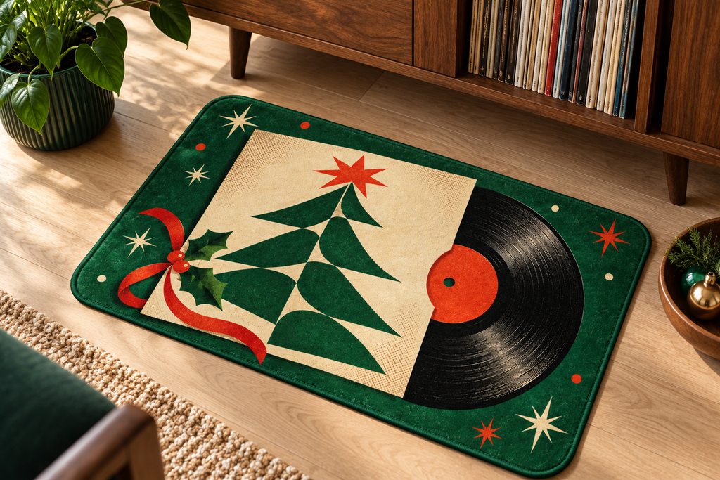 Christmas Vinyl Record Printed Floor Mat, lifestyle view 4: Close overhead-oblique view of one mat on a clean pale-wood floor near a cabinet, all four corners in frame, soft side light reveals short flannel nap.