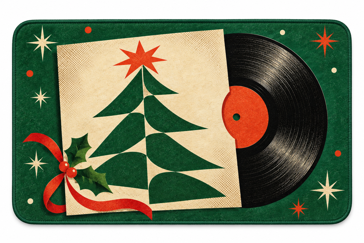 Christmas Vinyl Record Printed Floor Mat on a white background, showing the complete printed design.