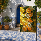 Citrus floral garden flag displayed in a Mediterranean courtyard with orange trees, blue tile accents, and bright sunlight.
