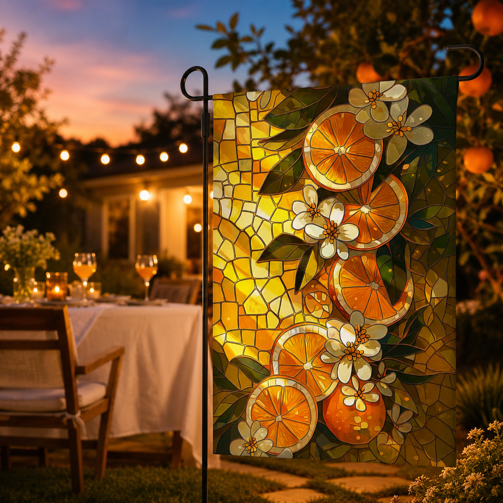 Citrus floral garden flag displayed beside an evening patio table, with string lights, orange trees, and warm sunset glow.
