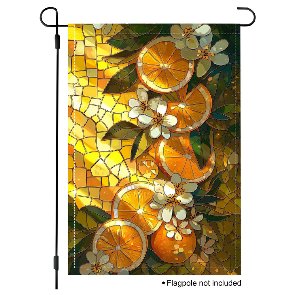 Citrus floral garden flag with orange slices, white blossoms, green leaves, and warm stained glass artwork.