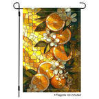 Citrus floral garden flag with orange slices, white blossoms, green leaves, and warm stained glass artwork.