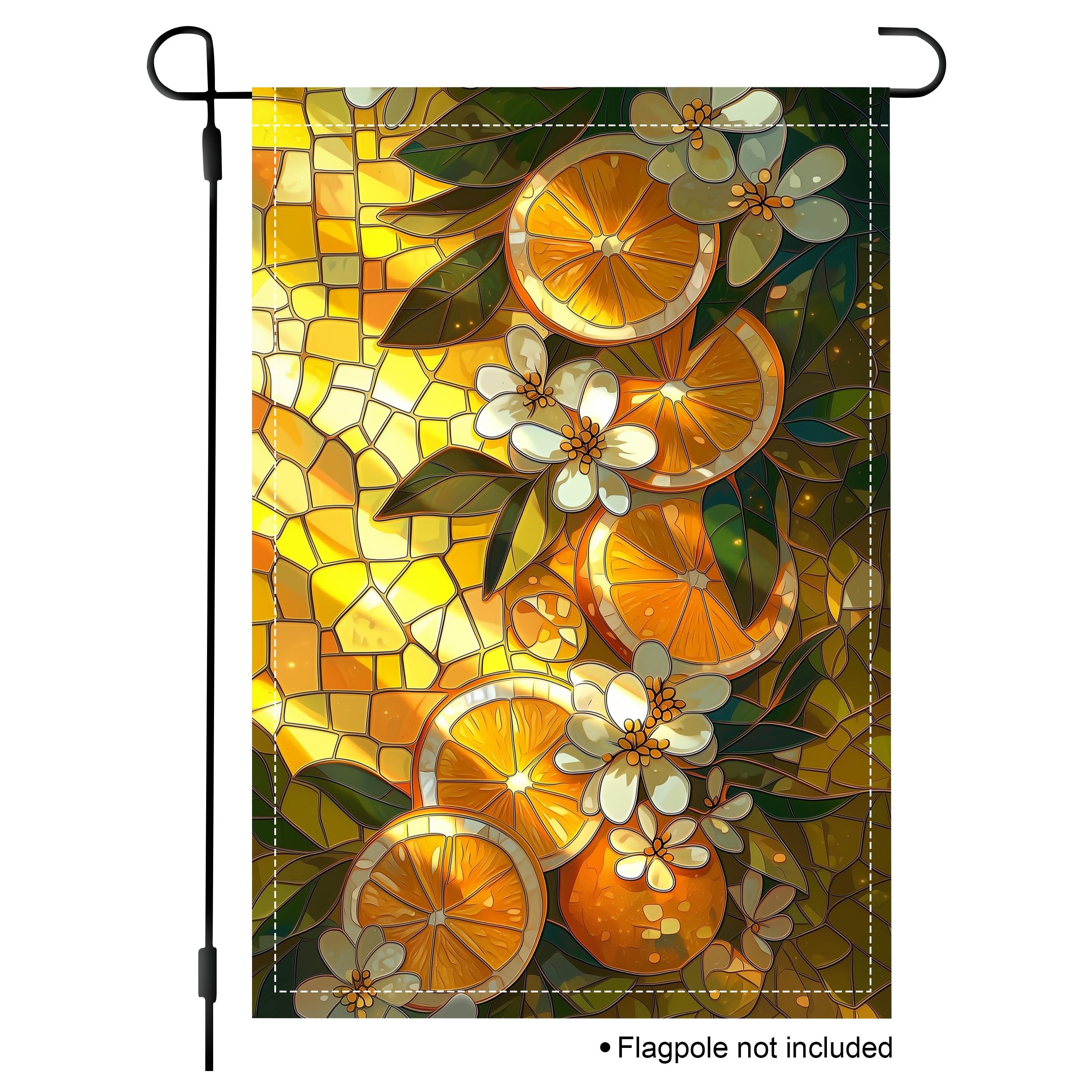 Citrus floral garden flag with orange slices, white blossoms, green leaves, and warm stained glass artwork.