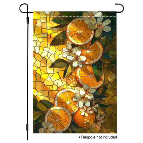 Citrus floral garden flag with orange slices, white blossoms, green leaves, and warm stained glass artwork.