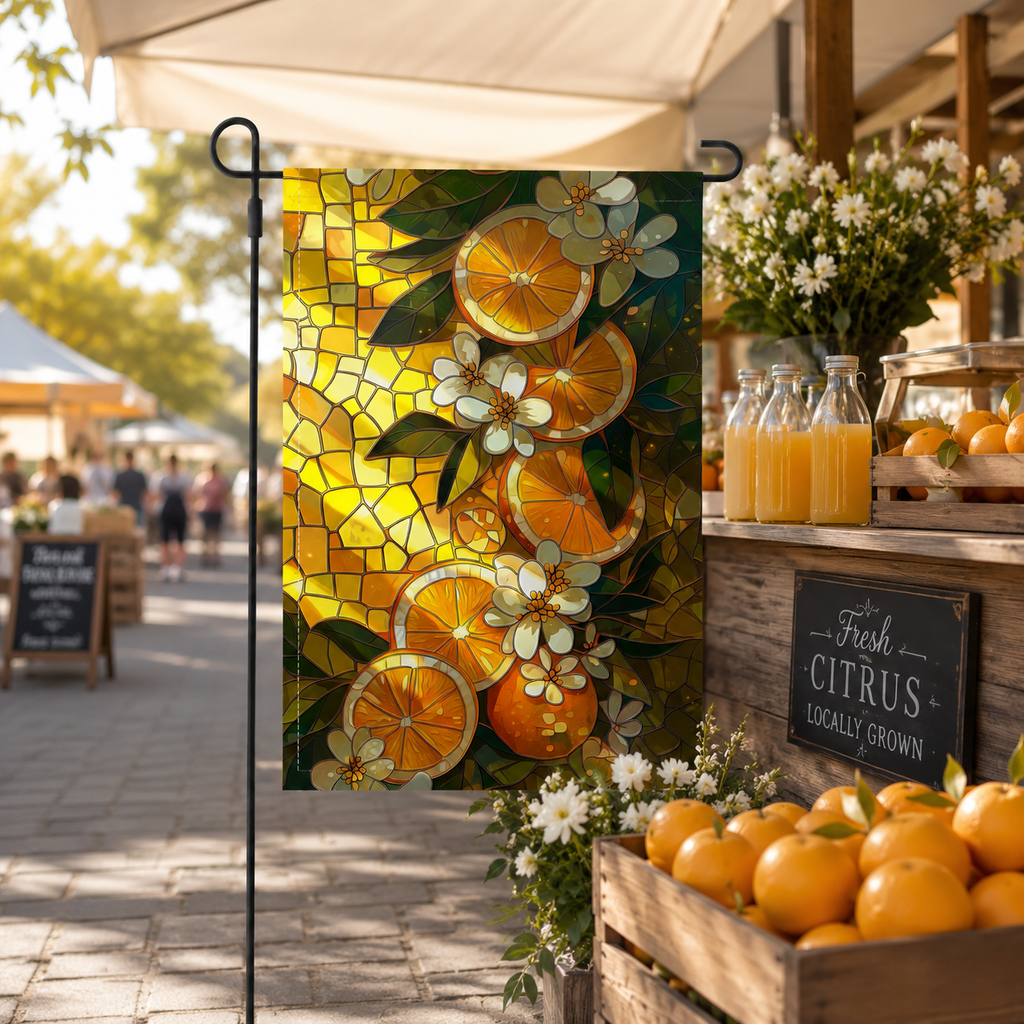 Citrus floral garden flag displayed at a sunny market stand with fresh oranges, bottled juice, white flowers, and wooden crates.