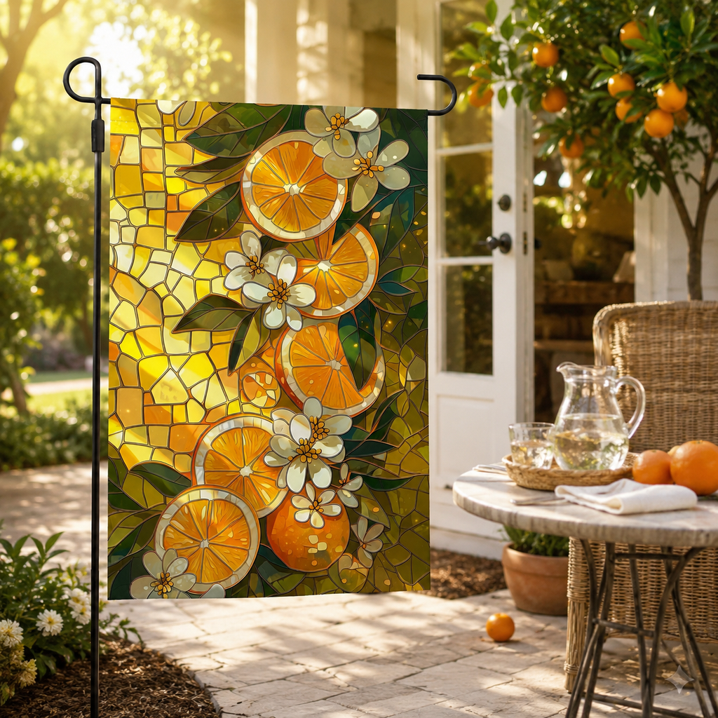 Citrus floral garden flag displayed on a sunny patio with wicker furniture, glass pitcher, fresh oranges, and garden flowers.