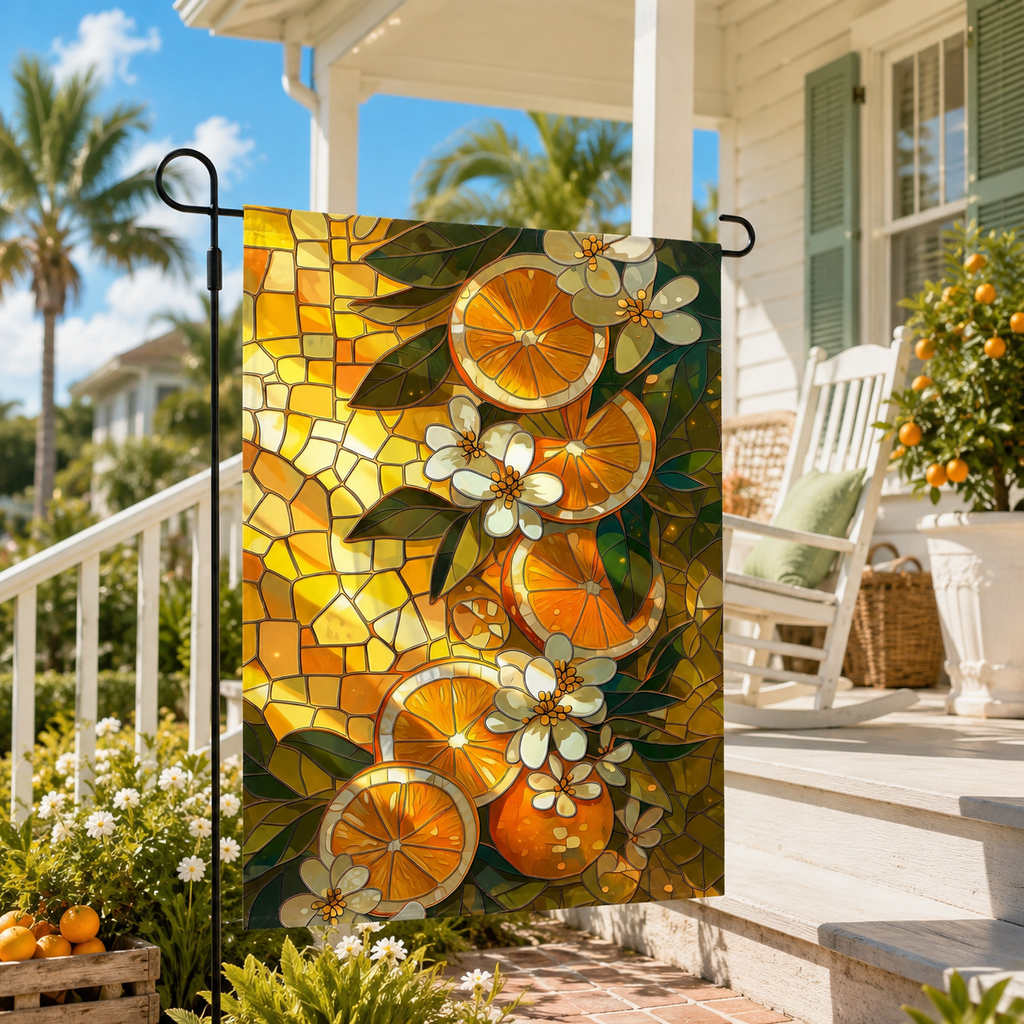 Citrus floral garden flag displayed by a sunny porch with orange trees, white flowers, rocking chair, and coastal greenery.
