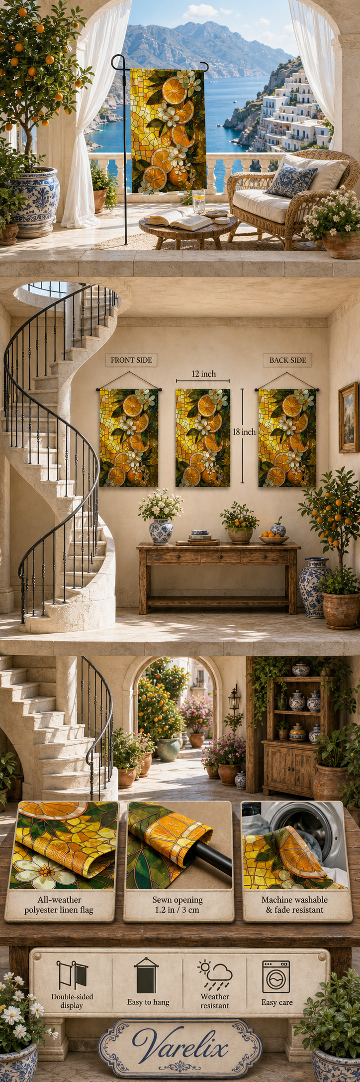 Citrus floral garden flag product details shown in a Mediterranean villa setting, with front and back display, size, fabric close-ups, sewn opening, and care features.