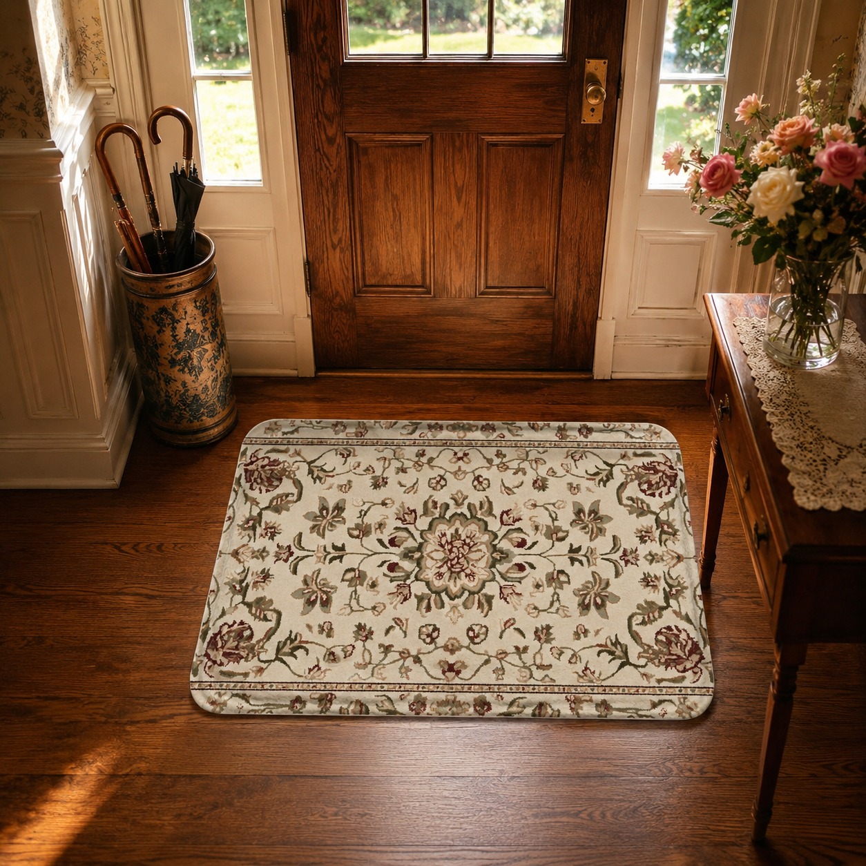 A beautiful traditional style floral doormat placed at a dark wood front door entrance next to fresh roses on a side table.