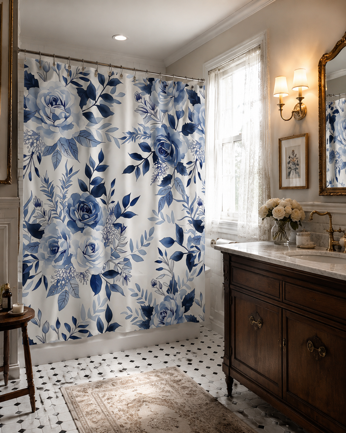 Vintage-style bathroom with a dark wood vanity, classic brass fixtures, and a white fabric shower curtain featuring an elegant blue rose and leaf pattern.