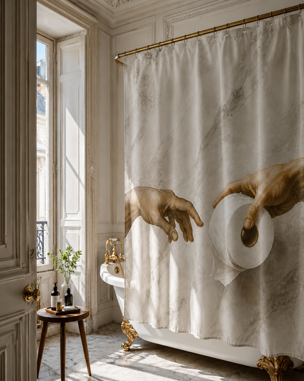 Elegant French-style bathroom with white wall moldings, a golden clawfoot tub near a large window, and a humorous marble shower curtain.