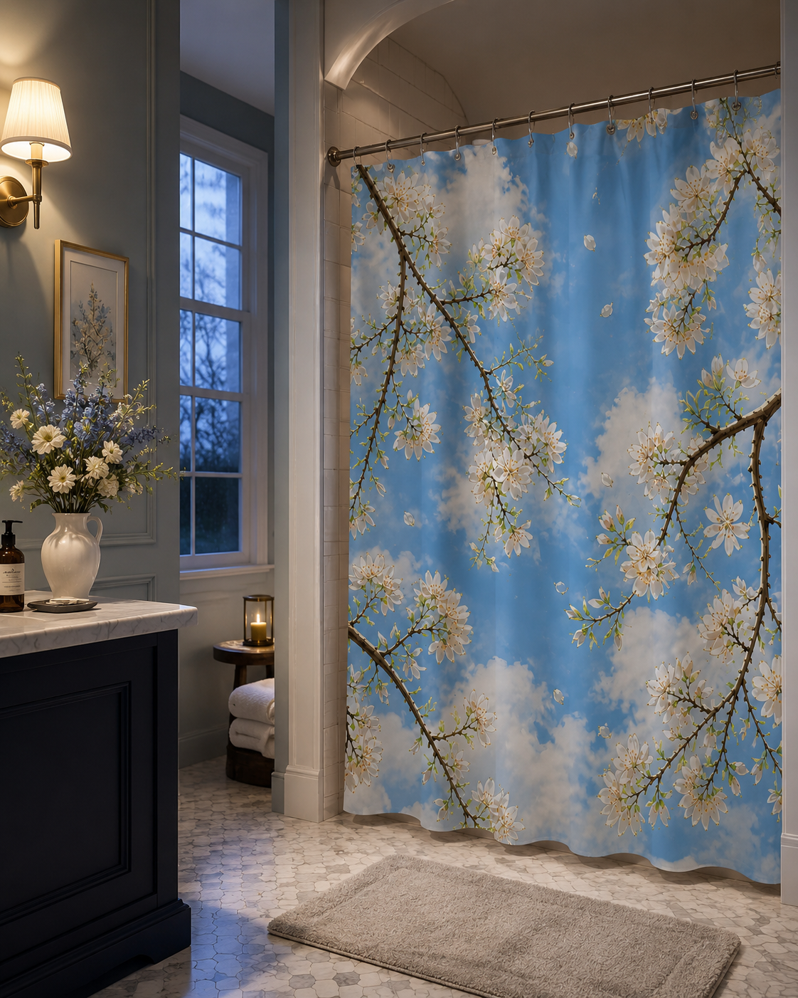 Traditional bathroom with dark navy blue cabinetry, marble countertops, and warm wall lamps, featuring a contrasting bright blue sky shower curtain.