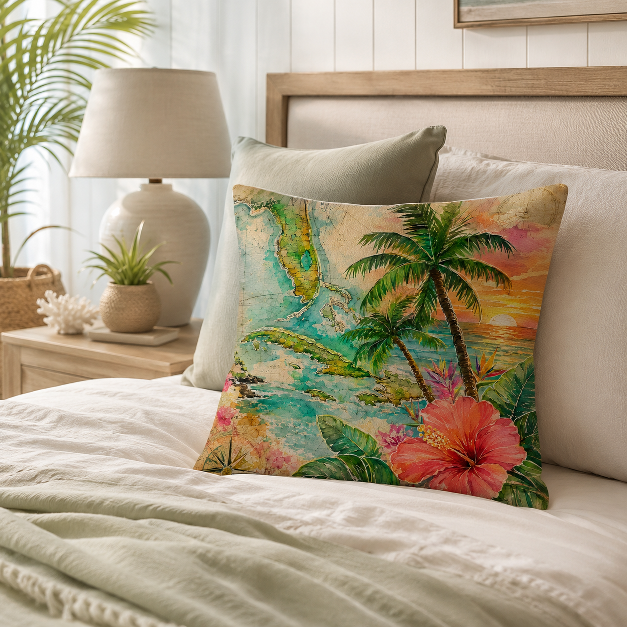 A tropical beach-themed accent pillow with a palm tree and hibiscus map design, showcased on a cozy bed with white and sage green bedding.