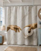Bright beachfront bathroom with a view of the blue ocean through the window, featuring a light blue vanity and a funny marble-patterned shower curtain.