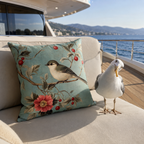 Coastal bird pillow cover styled on a yacht sofa beside the sea.