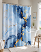 Artistic blue and gold marble shower curtain in a light, airy coastal-style bathroom with a window view.