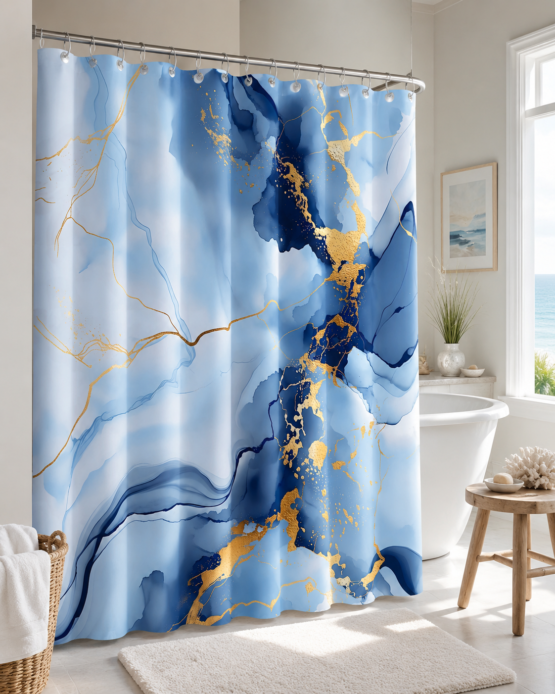 Artistic blue and gold marble shower curtain in a light, airy coastal-style bathroom with a window view.
