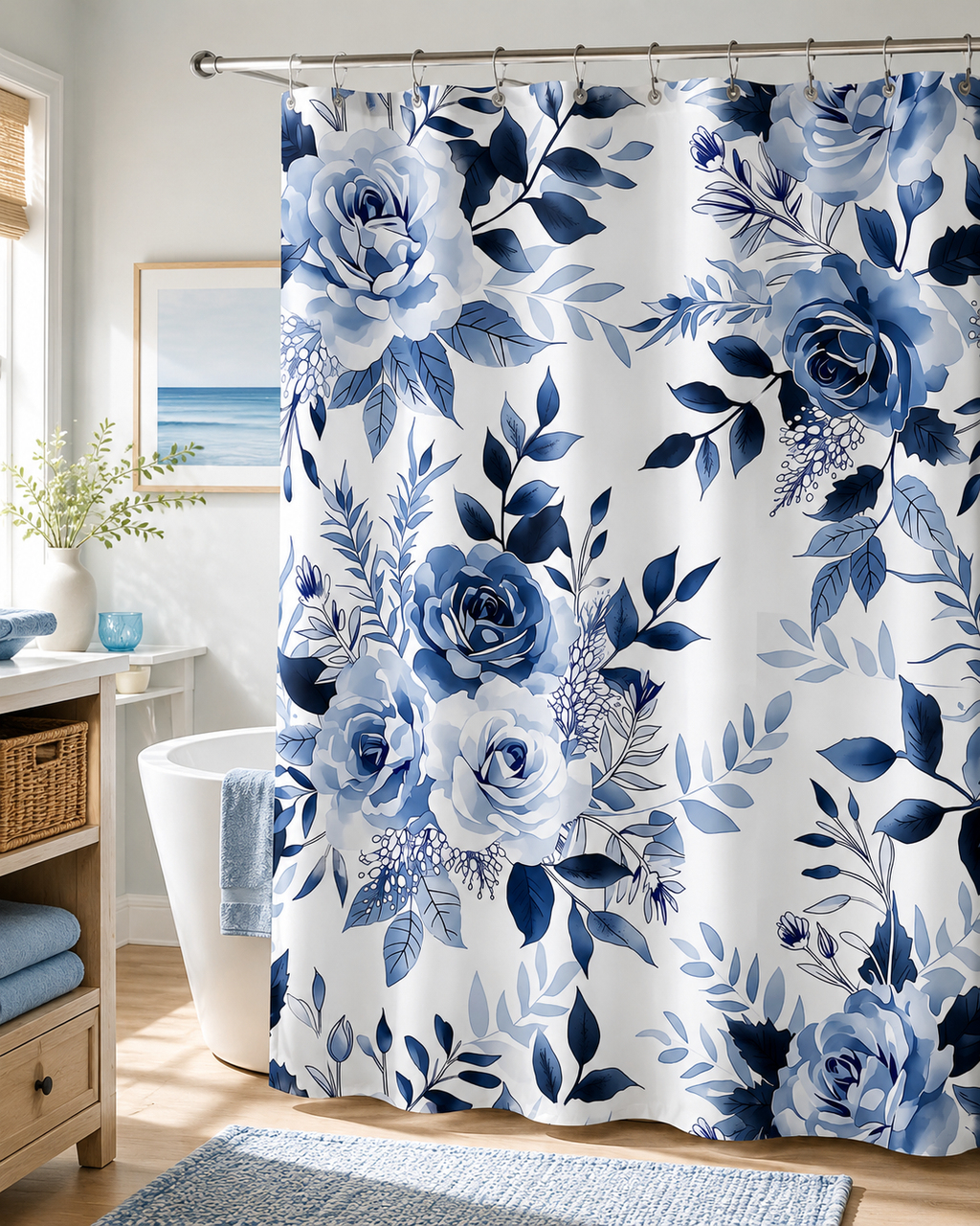 Light and airy coastal-style bathroom with a white freestanding tub and a shower curtain decorated with a romantic blue rose bouquet pattern.