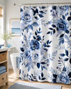 Light and airy coastal-style bathroom with a white freestanding tub and a shower curtain decorated with a romantic blue rose bouquet pattern.