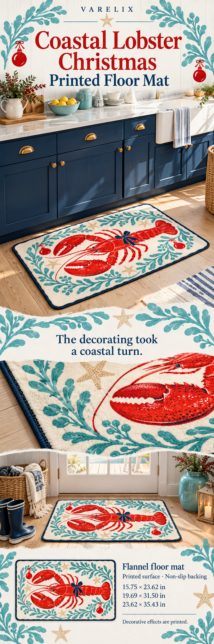 Coastal Lobster Christmas Printed Floor Mat by VARELIX, A+ detail poster with verified material, sizes and included items.