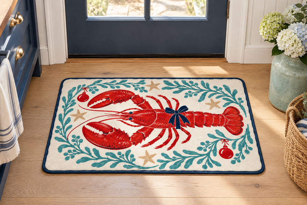 Coastal Lobster Christmas Printed Floor Mat, lifestyle view 1: One mat laid flat INSIDE the front door, full landscape mat and all four rounded corners visible at small accent-mat scale, angled downward photography.