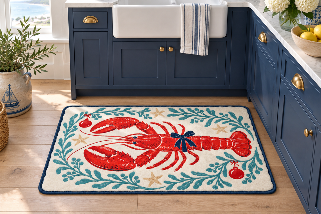 Coastal Lobster Christmas Printed Floor Mat, lifestyle view 2: One mat on the kitchen floor in front of a sink or coffee station, full printed surface readable, no furniture hiding the design.